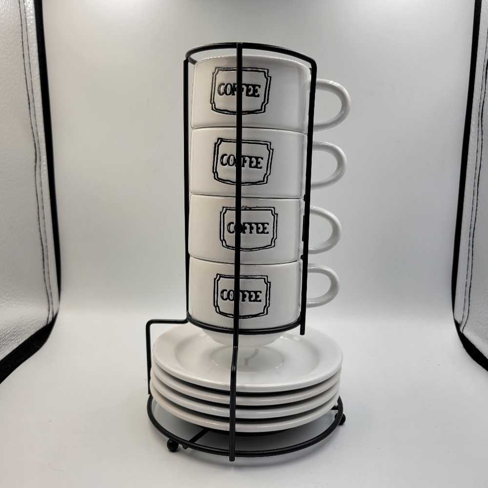 Stoneware Coffee Cups & Saucers with Rack - set of 4 (9 pieces total)